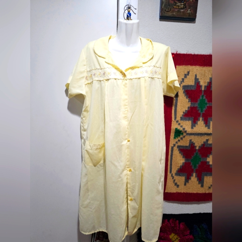 Vintage Yellow Cotton-blend Button-Up Housecoat M